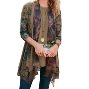 Soft Surroundings Women Brown/TealTea Gardens Open Front WaterfallCardigan Lg